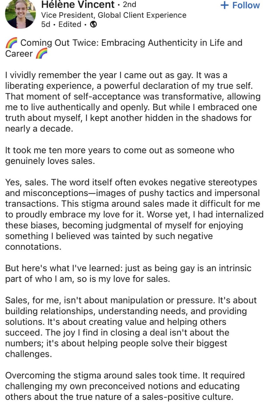 document - Hlne Vincent 2nd Vice President, Global Client Experience 5d. Edited. Coming Out Twice Embracing Authenticity in Life and Career I vividly remember the year I came out as gay. It was a liberating experience, a powerful declaration of my true se